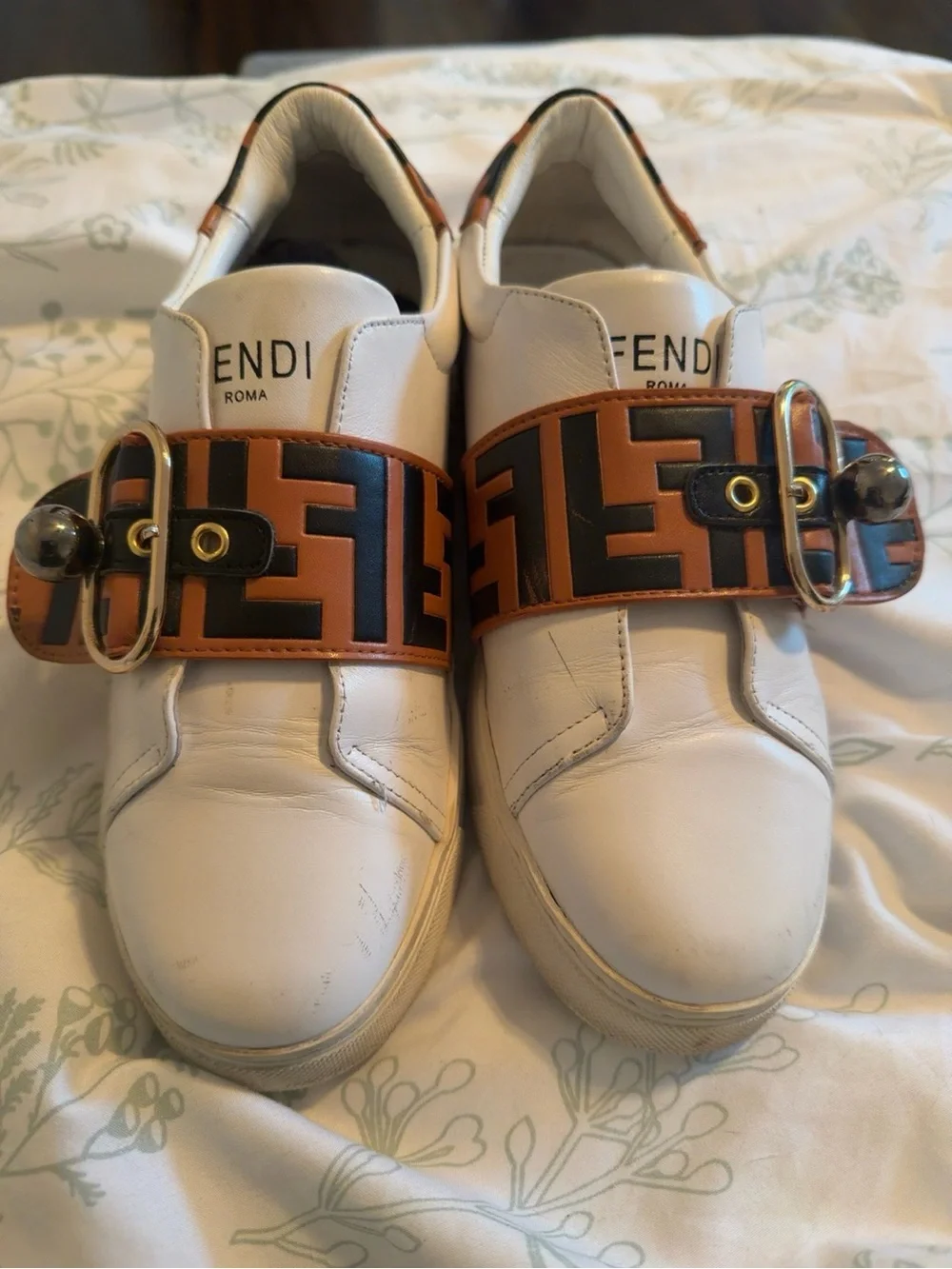 Fendi White Leather Sneakers with Brown & Black FF Strap